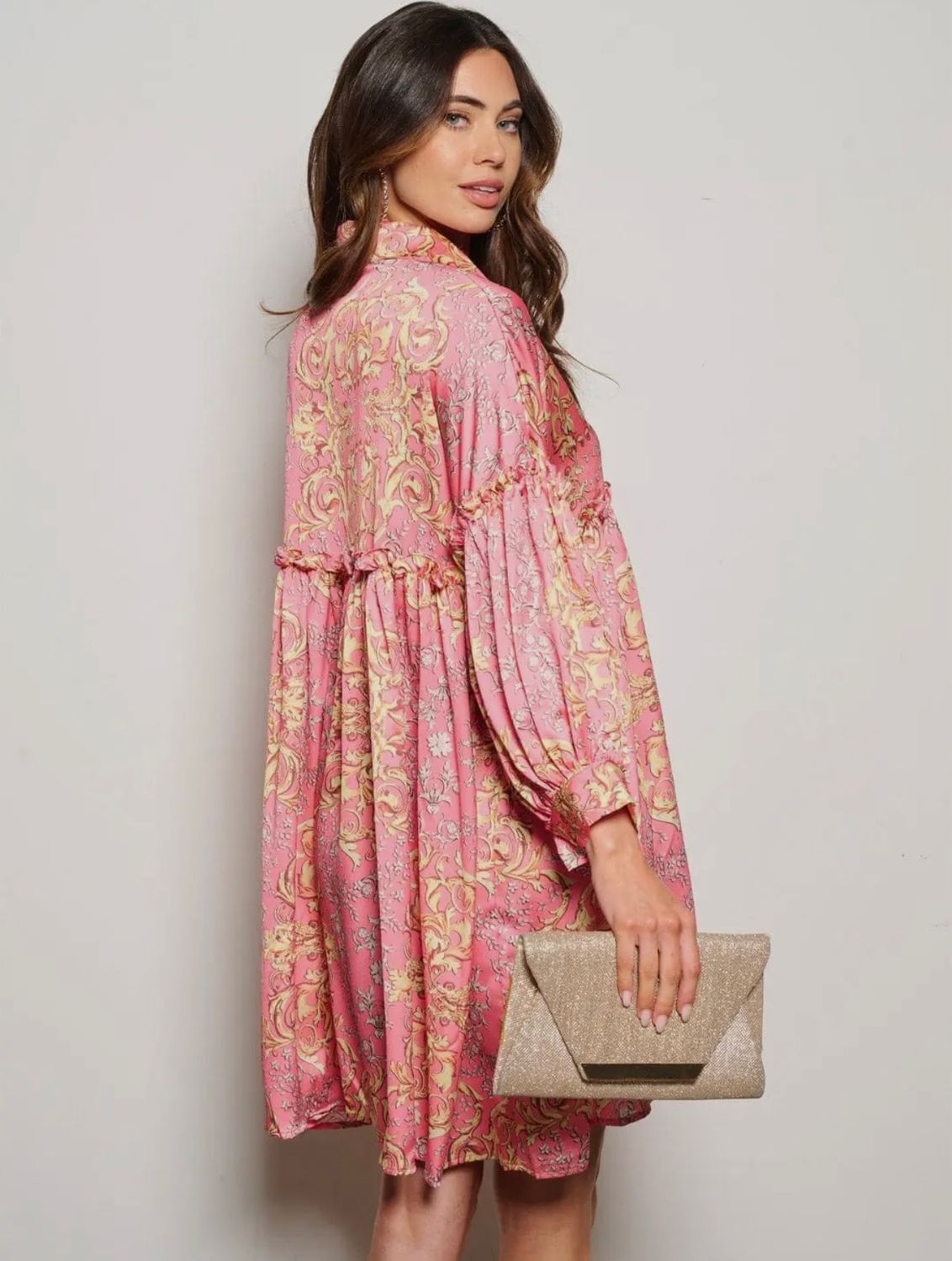 Satin Long Sleeve Button Up Mixed Print Flowy Dress, Color: Coral, Size: S