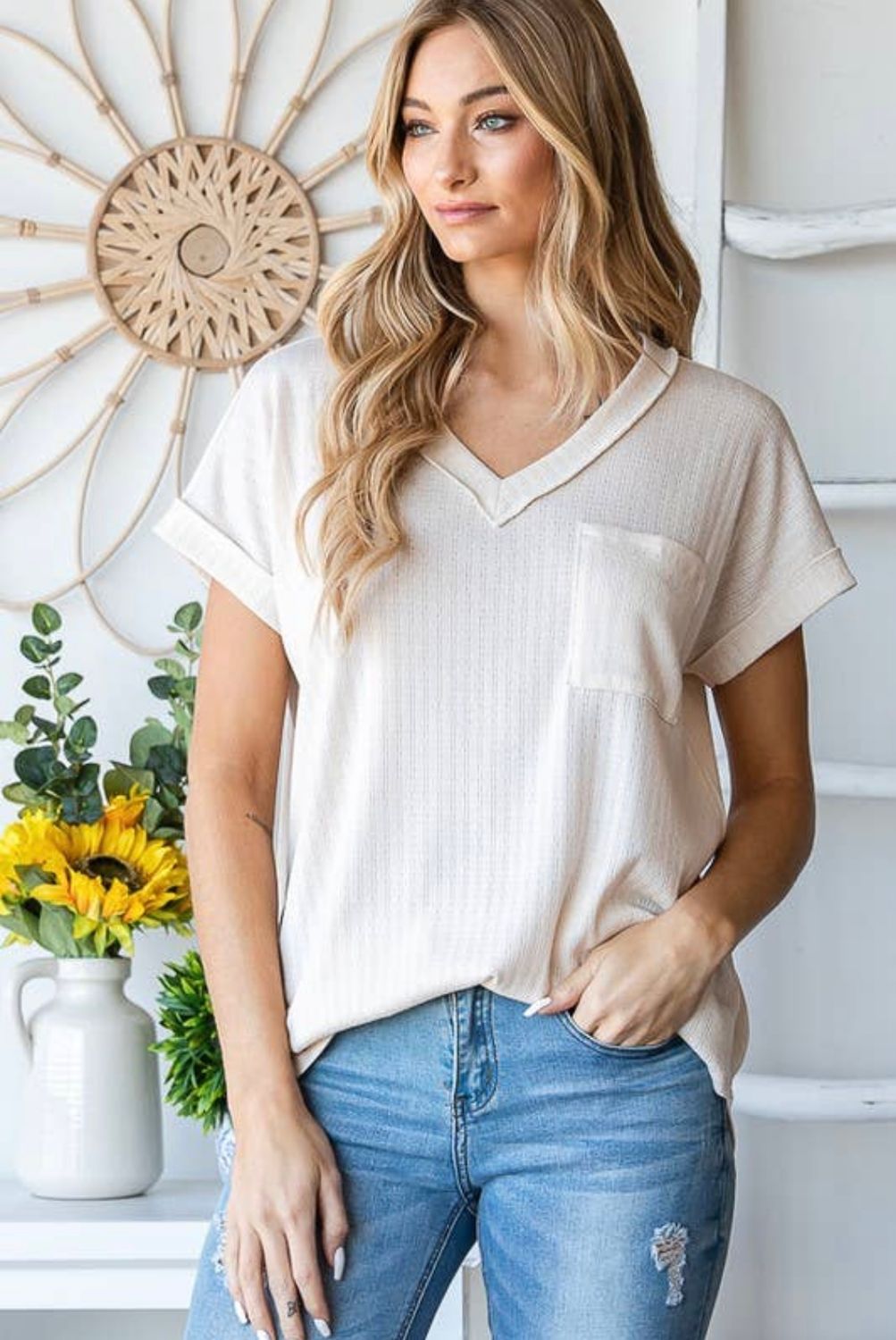 Reversed Stitch Pocket Top, Color: Cream, Size: S