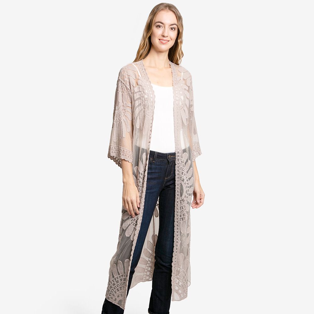 Beige Floral Lace Long Duster Kimono