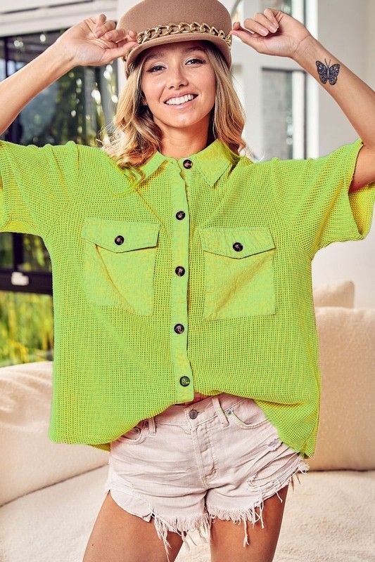 Mineral Wash Thermal Short Sleeve Top, Color: Neon Green, Size: S