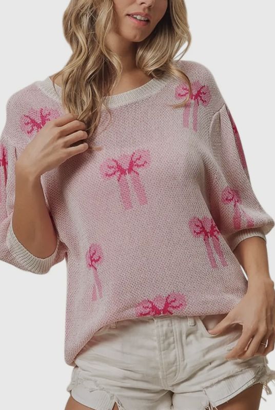 Bow Printed Half Sleeved Sweater Top
