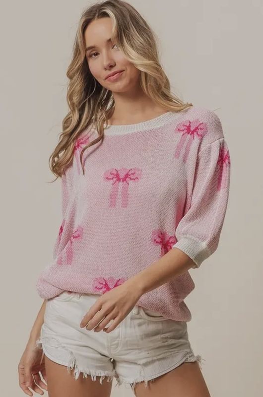 Bow Printed Half Sleeved Sweater Top