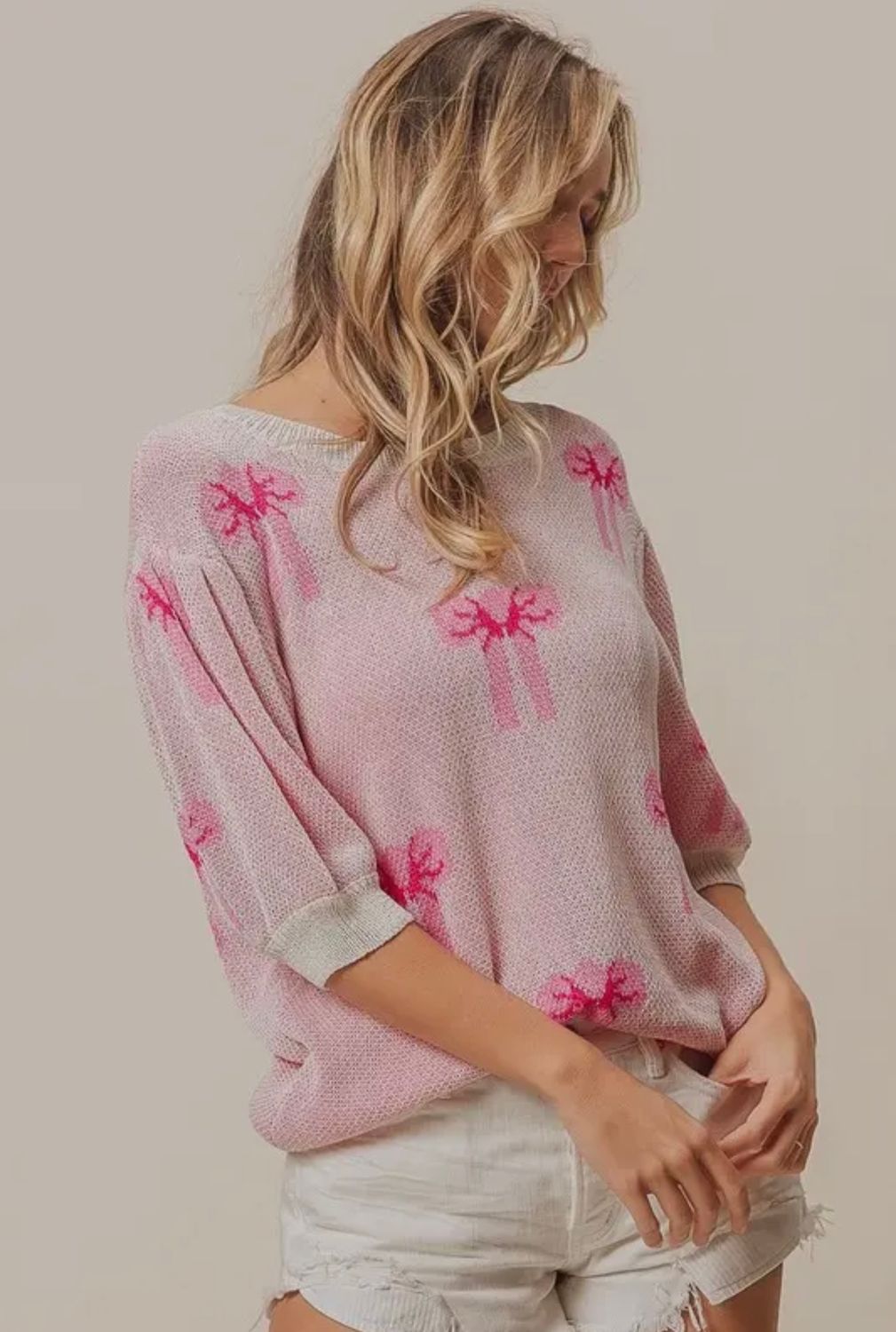 Bow Printed Half Sleeved Sweater Top, Color: Lt. Fuchsia, Size: S