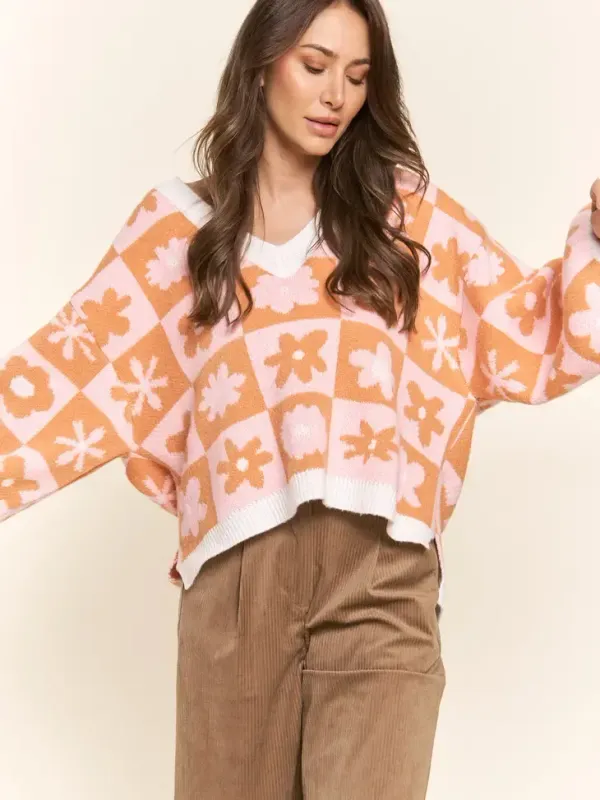 Checkered Floral V Neck Sweater