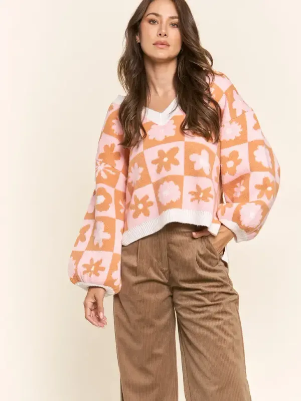 Checkered Floral V Neck Sweater