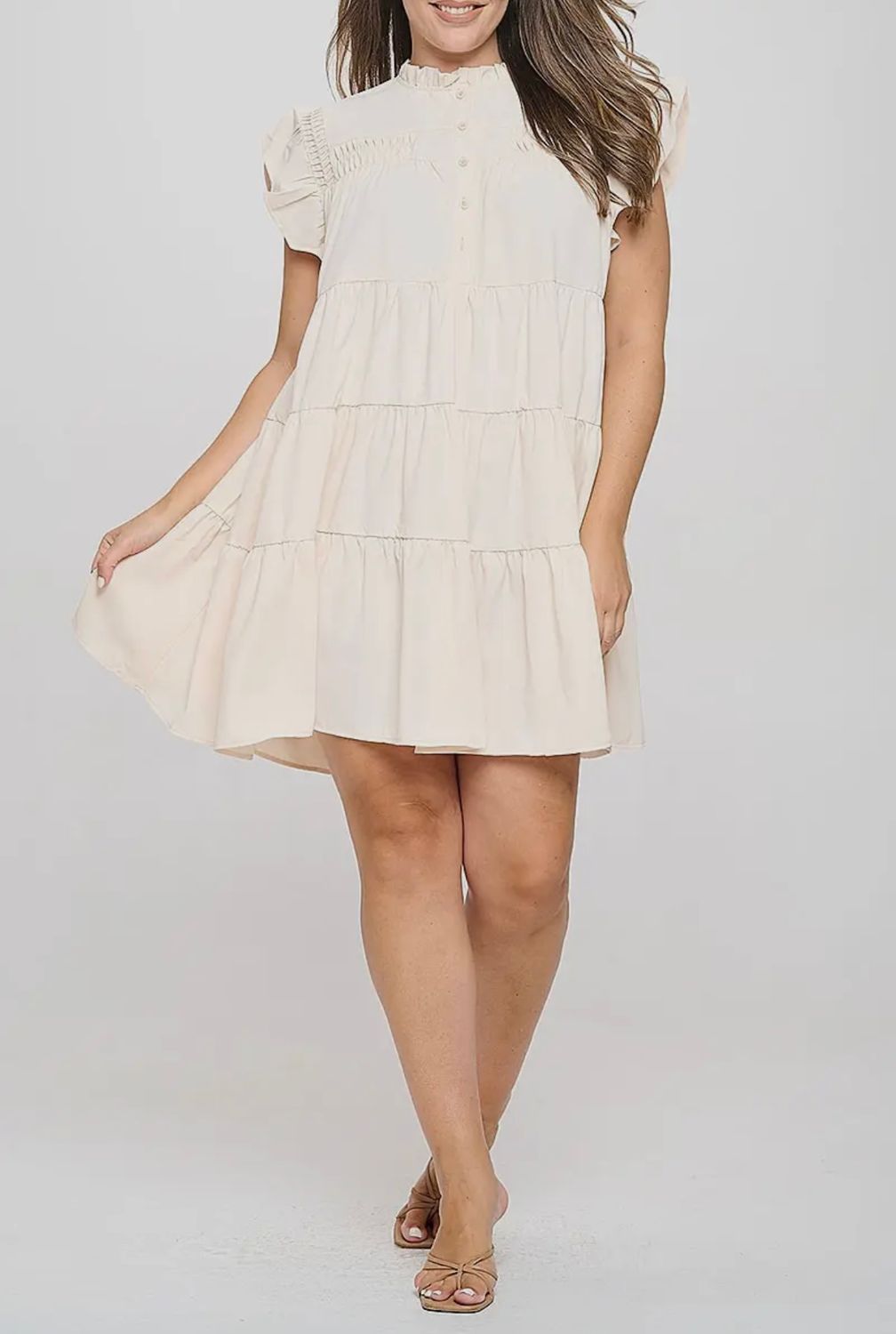 Plus Size Ruffle Cap Sleeve Tiered Solid Dress, Color: Beige, Size: 1X