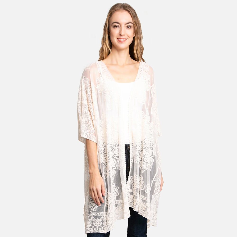 Ivory Floral Lace Patterned Kimono