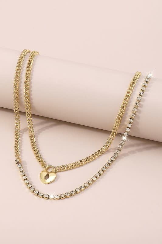 Heart Locket Rhinestone Layered Necklace