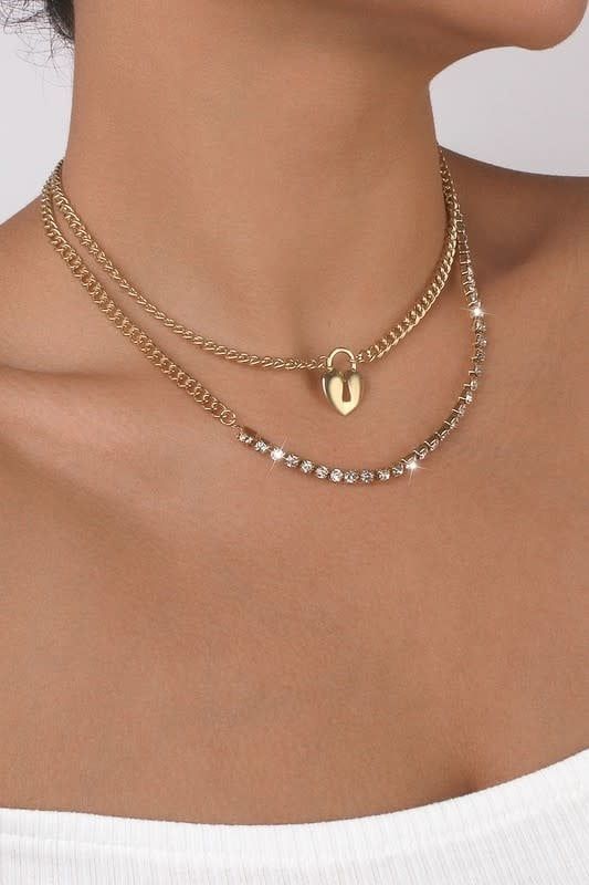 Heart Locket Rhinestone Layered Necklace
