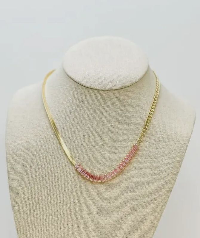 Geometric Pink Stone Chain Necklace