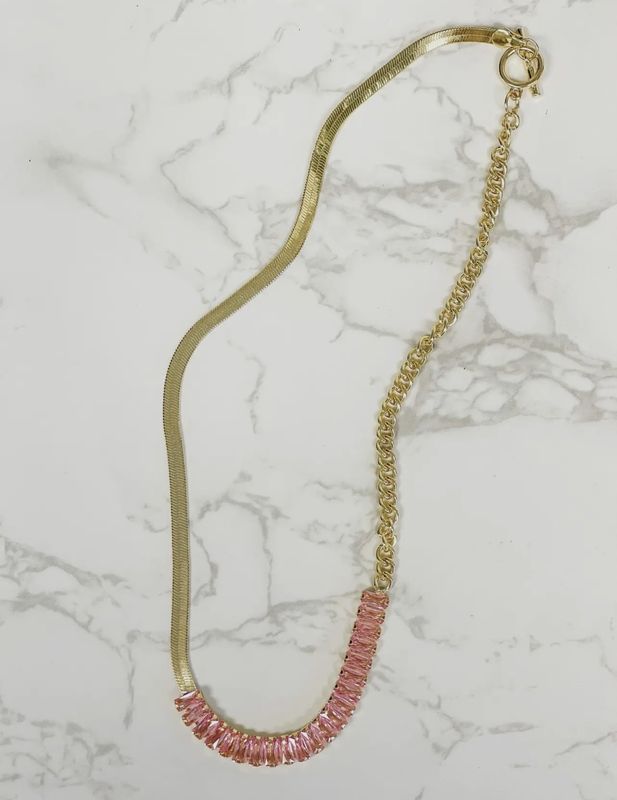 Geometric Pink Stone Chain Necklace