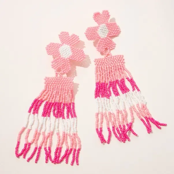 Flower Fringe Pink Seed Bead Earrings