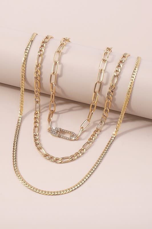 Diamond Paperclip Layered Chain Necklace Set