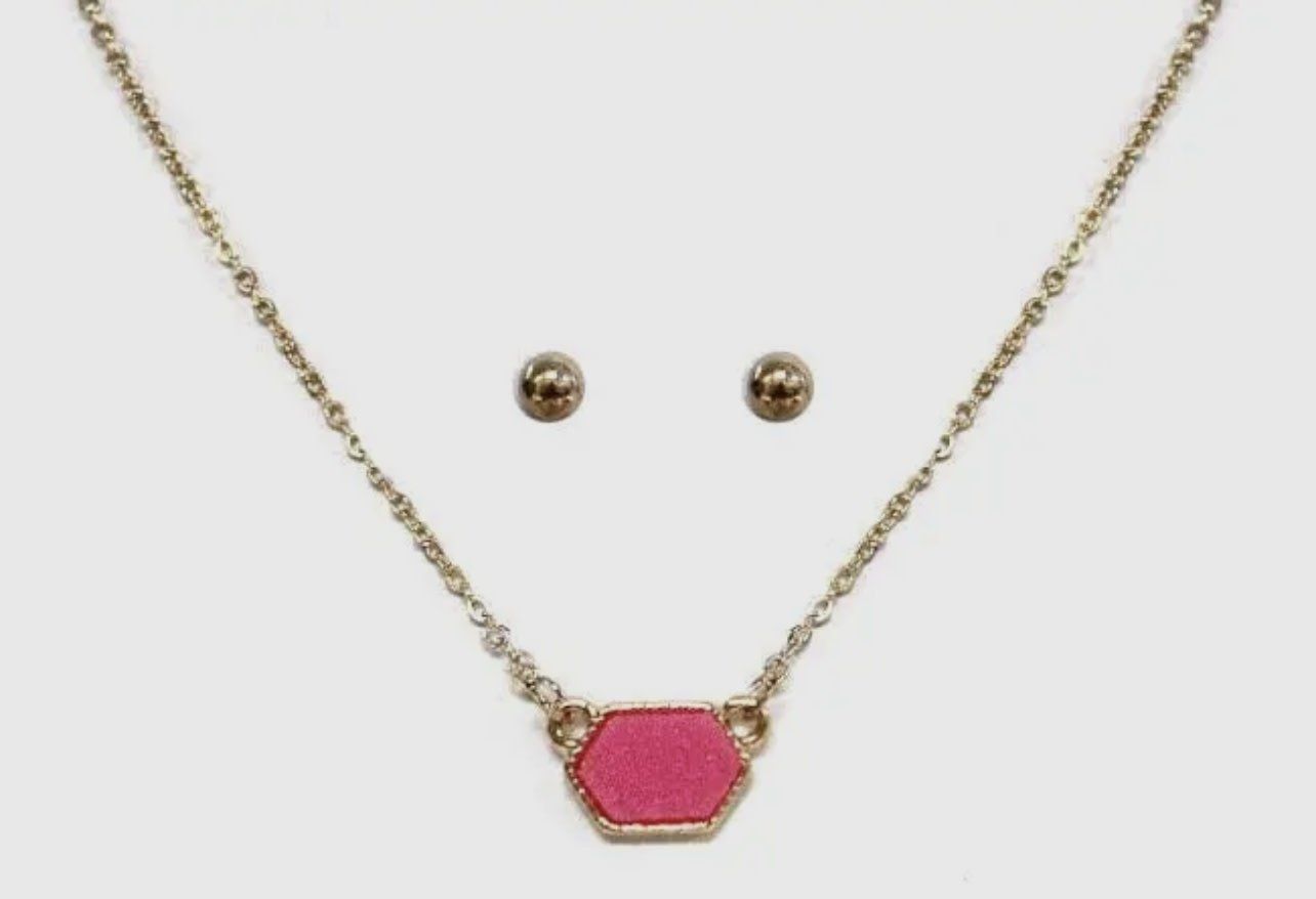 Sally Druzy Hexagon Pendant Necklace &amp; Earrings Set