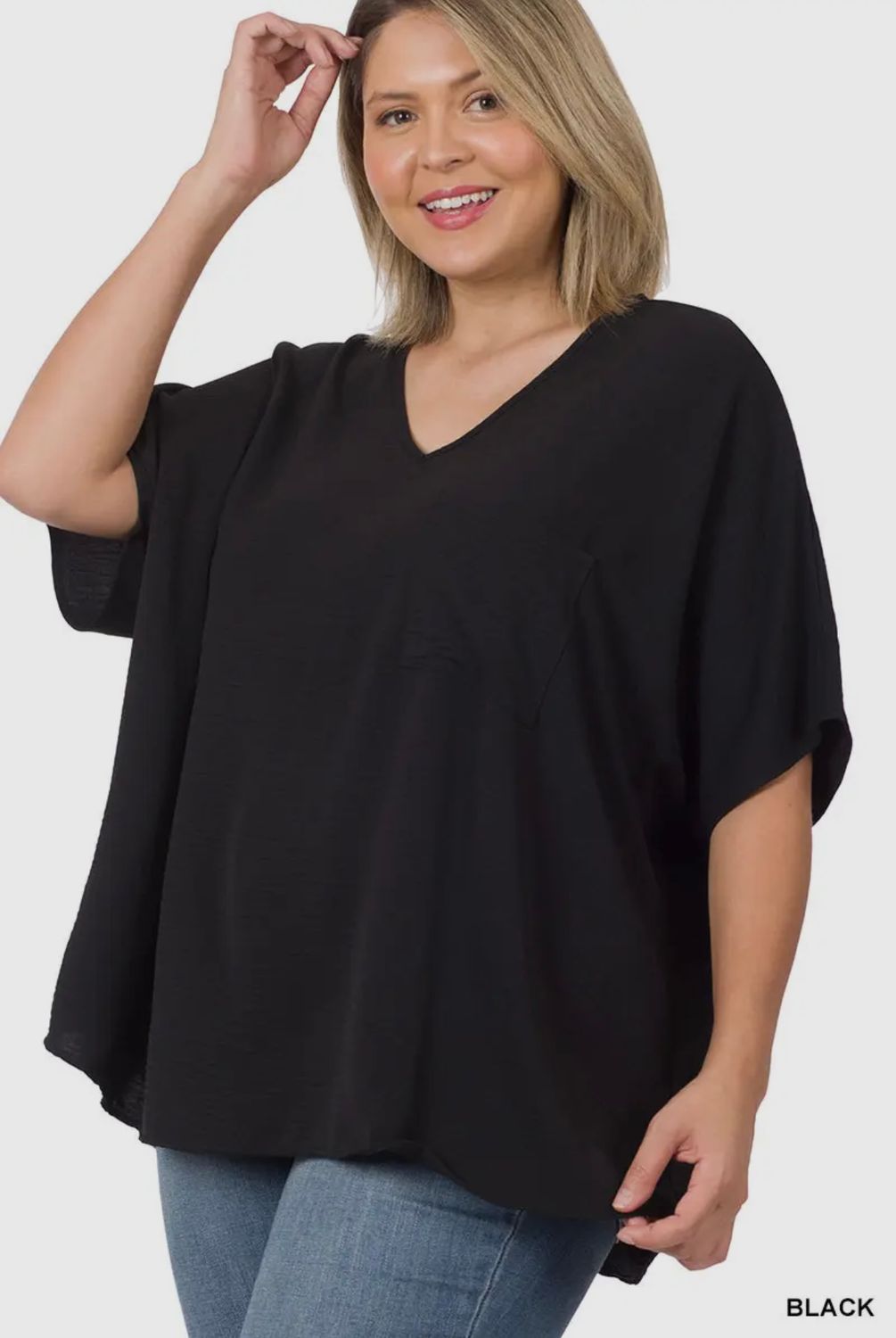 Plus Solid Woven Airflow Dolman Top , Color: Black, Size: 1XL