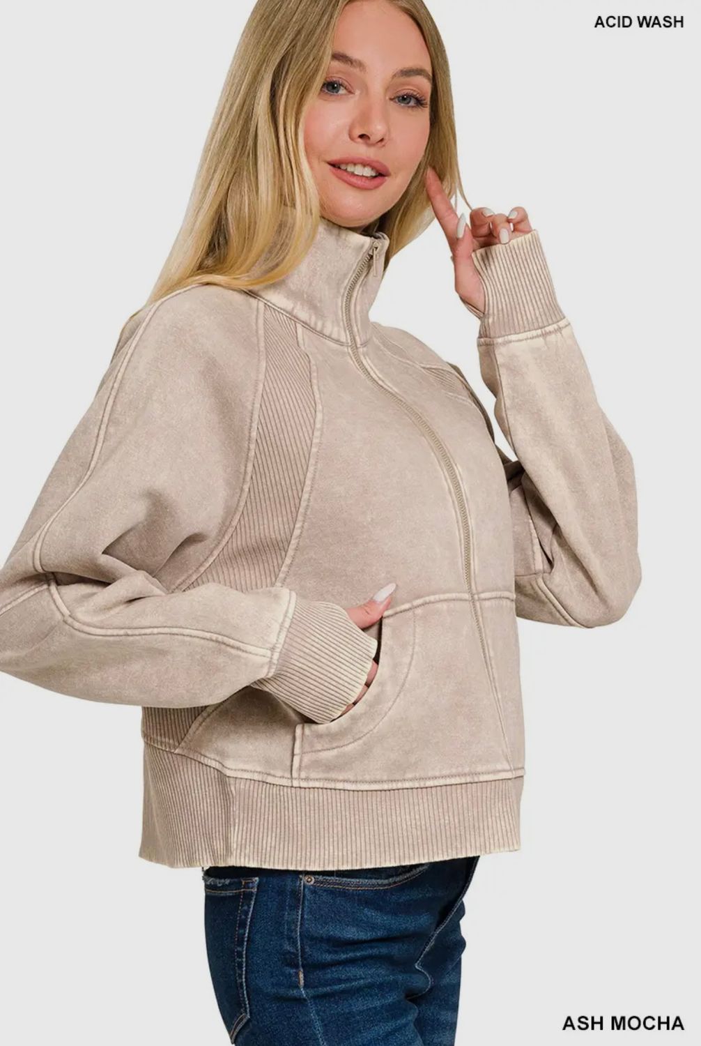 Zenana Acid Wash Zip Up Fleece Jacket , Color: Ash Mocha, Size: S