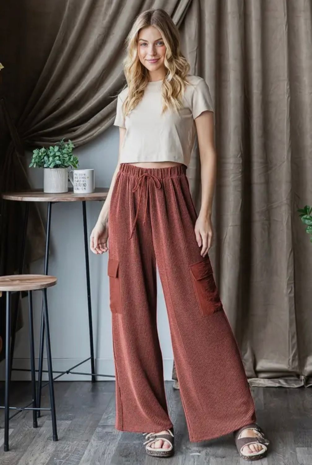 Solid Urban Ribbed Casual Cargo Pants, Color: Rust, Size: S