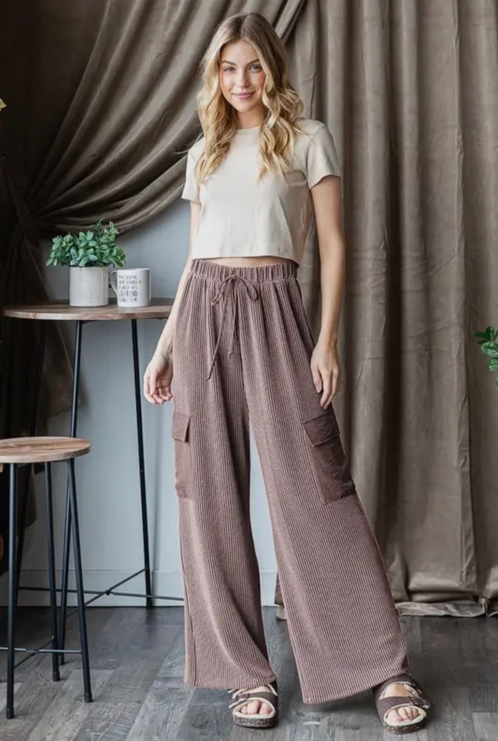 Plus Solid Urban Ribbed Casual Cargo Pants, Color: COCO, Size: 1X