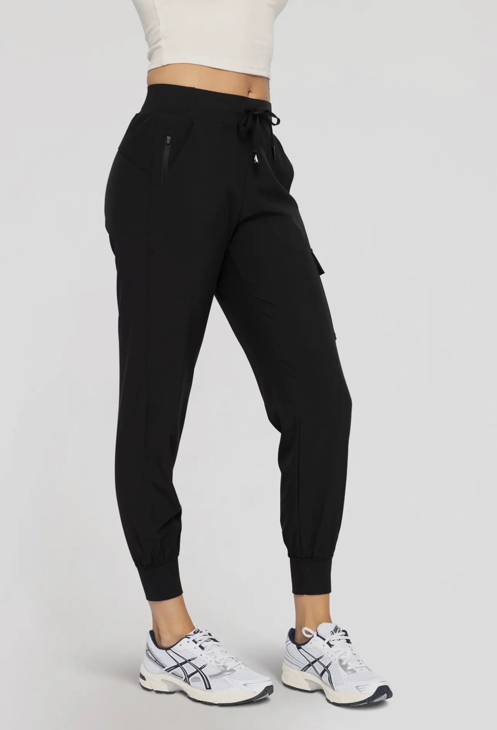 High-Waisted Cropped Active Joggers with Pockets, Color: Black, Size: S