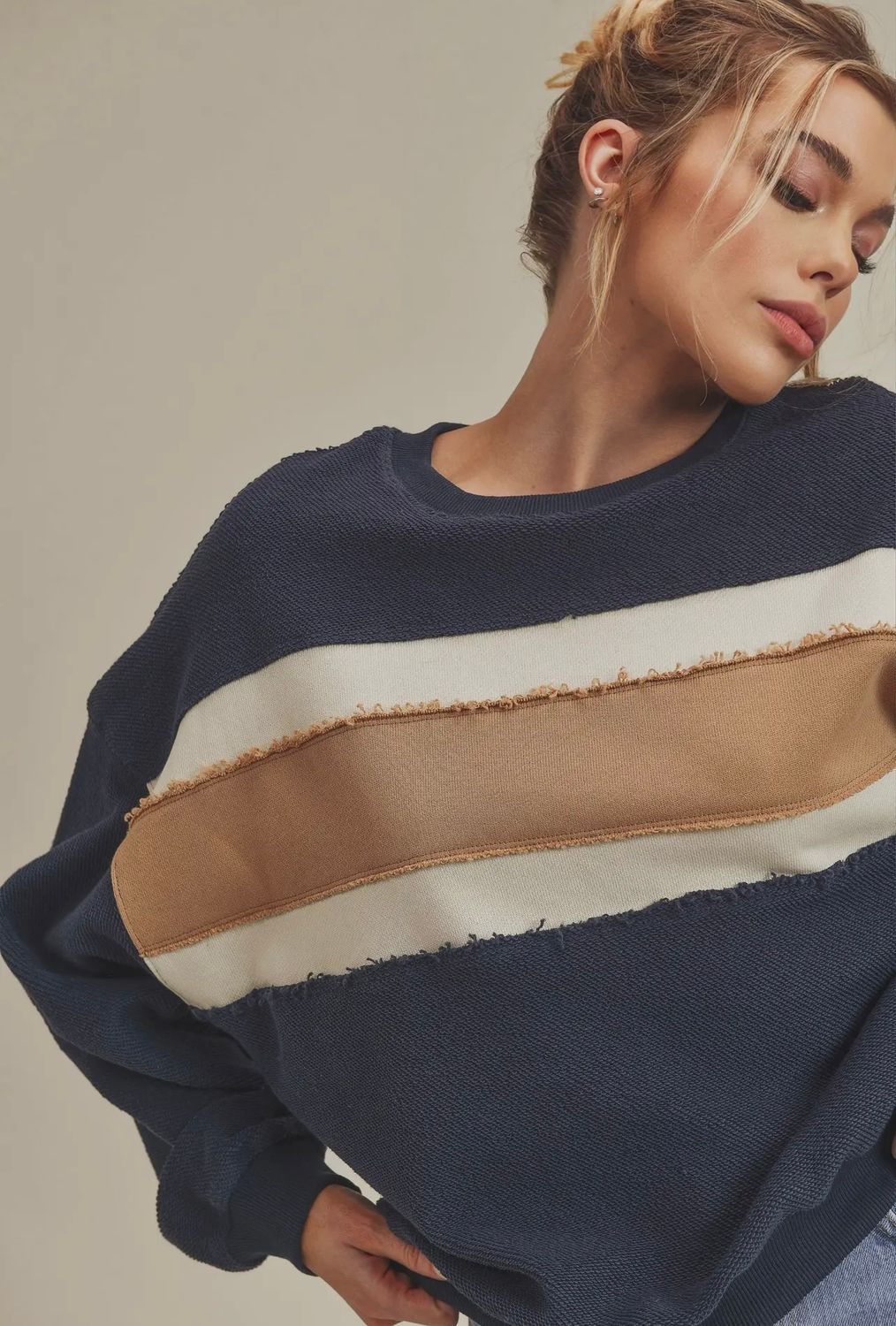 Winnie French Terry Constrast Stripe Sweatshirt, Color: Navy/Ivory/Tan, Size: S
