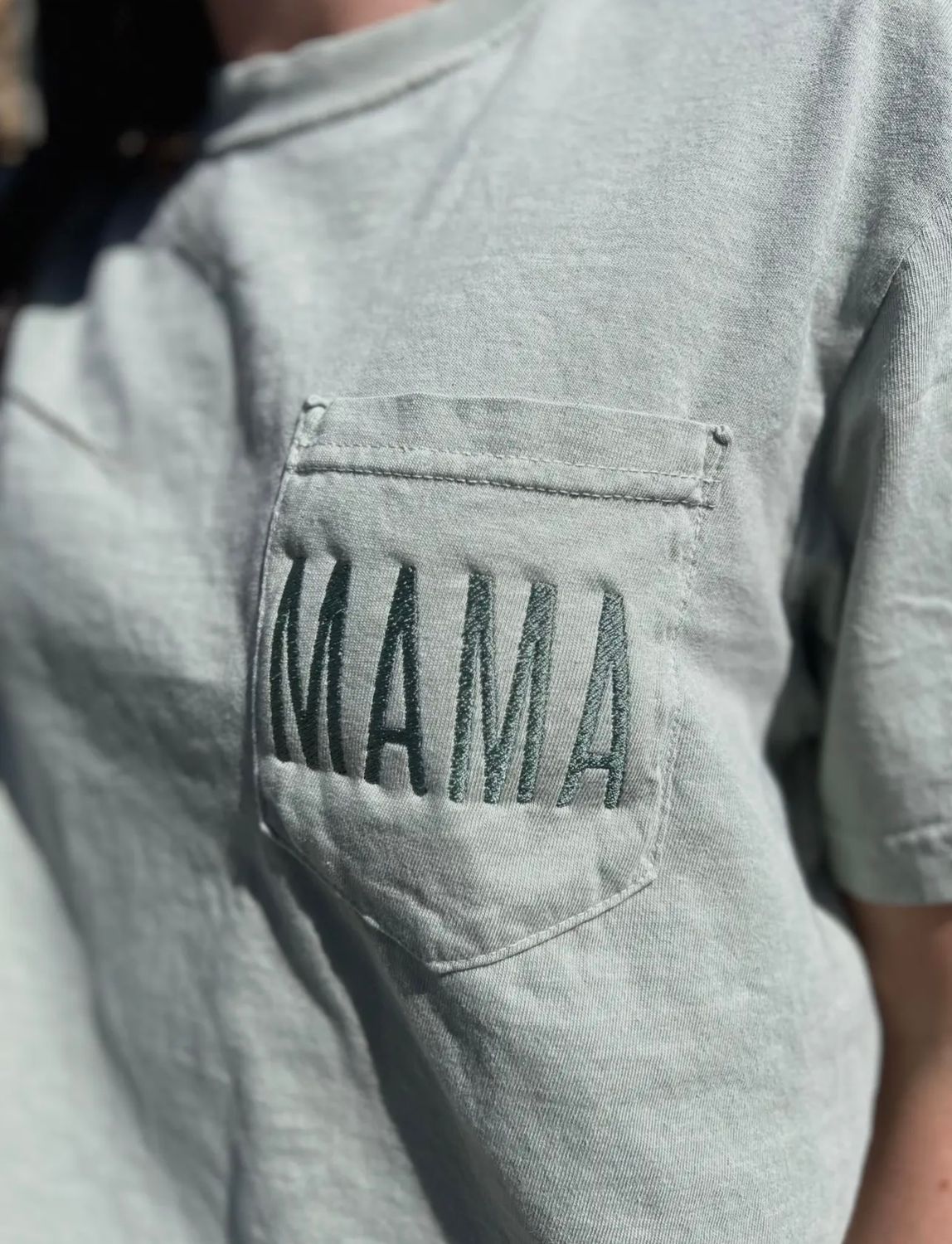 Embroidered &quot;MAMA&quot; Pocket Comfort Color Tee, Color: Bay, Size: S