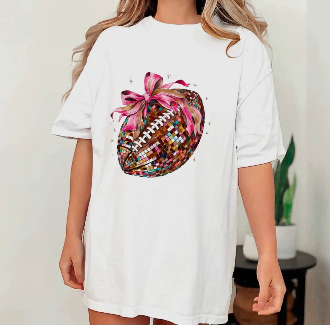 Comfort Color Disco Coquette Football Graphic Tee, Color: White, Size: S