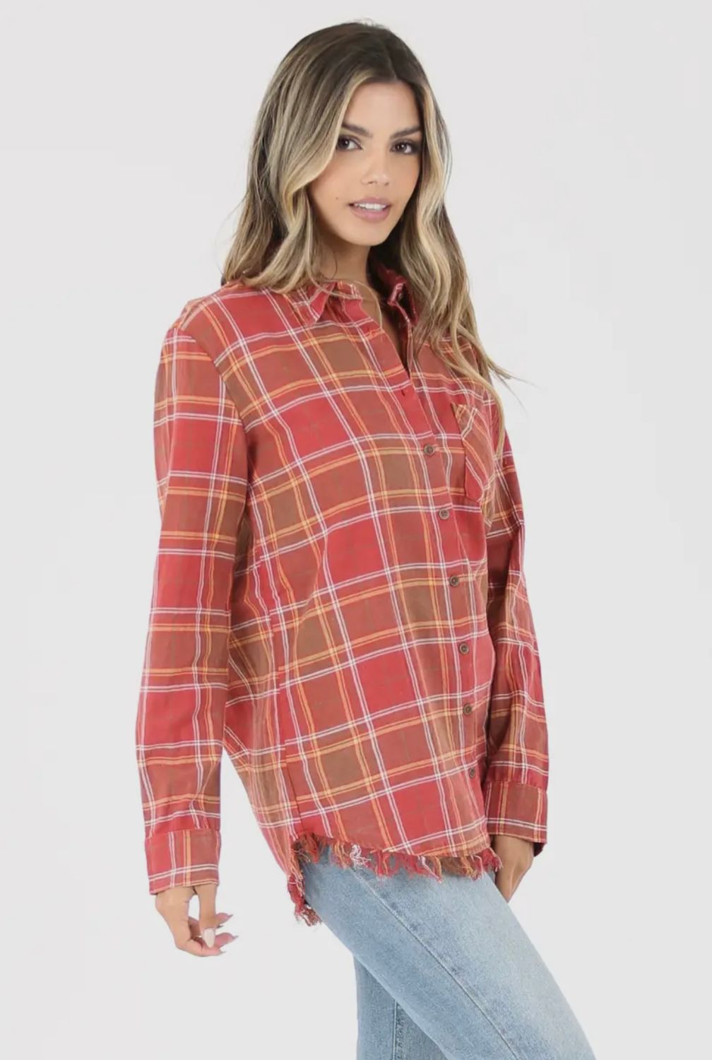 Plaid Button Up Shirt with Frayed Hem, Color: Rust, Size: S