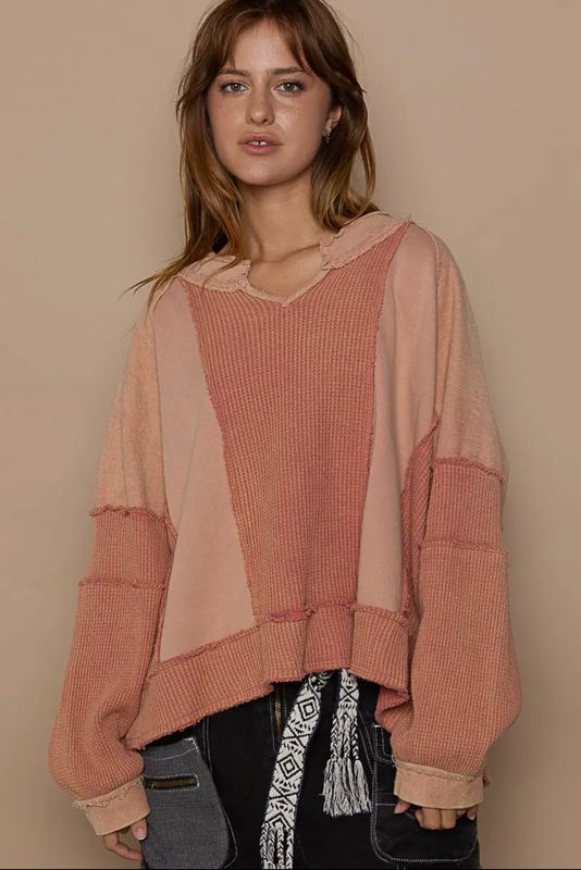 Oversized Waffle/French Terry Contrast Long Sleeve Top