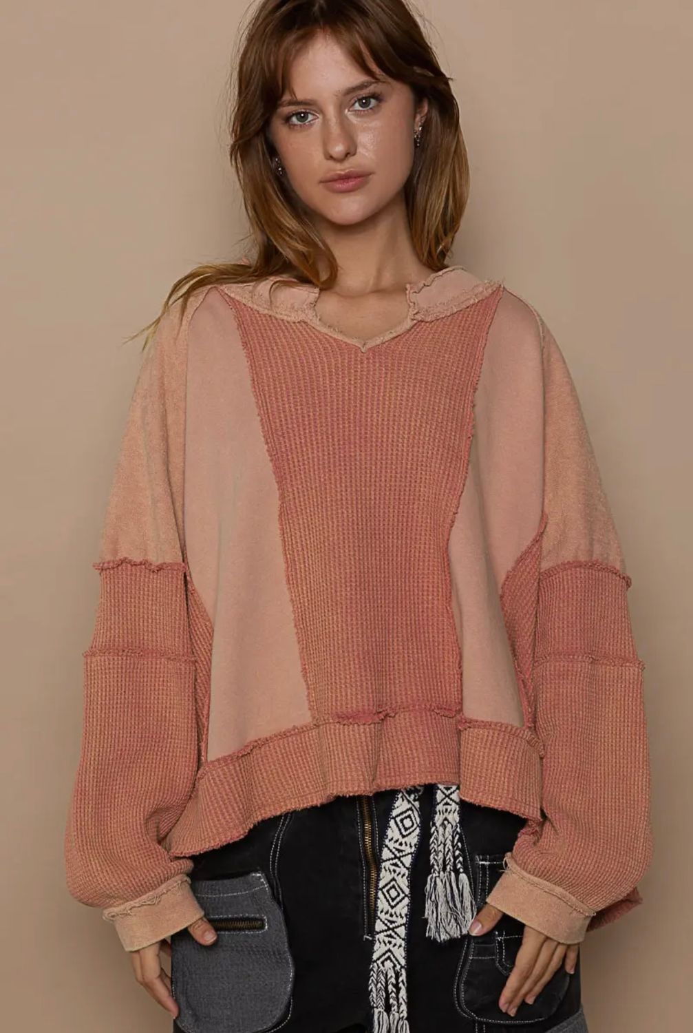 Oversized Waffle/French Terry Contrast Long Sleeve Top, Color: Brick Multi, Size: S