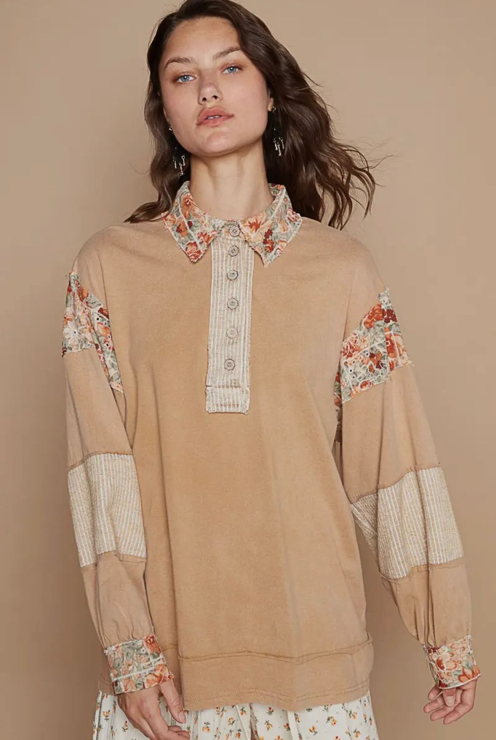 Oversized Floral Pattern Contrast Solid Knit Top, Color: Mustard, Size: S