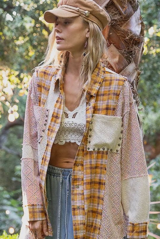 Oversized Long Sleeve Lace/Plaid Contrast Button Up Shirt