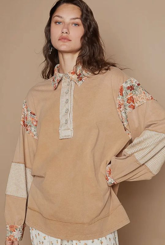 Oversized Floral Pattern Contrast Solid Knit Top