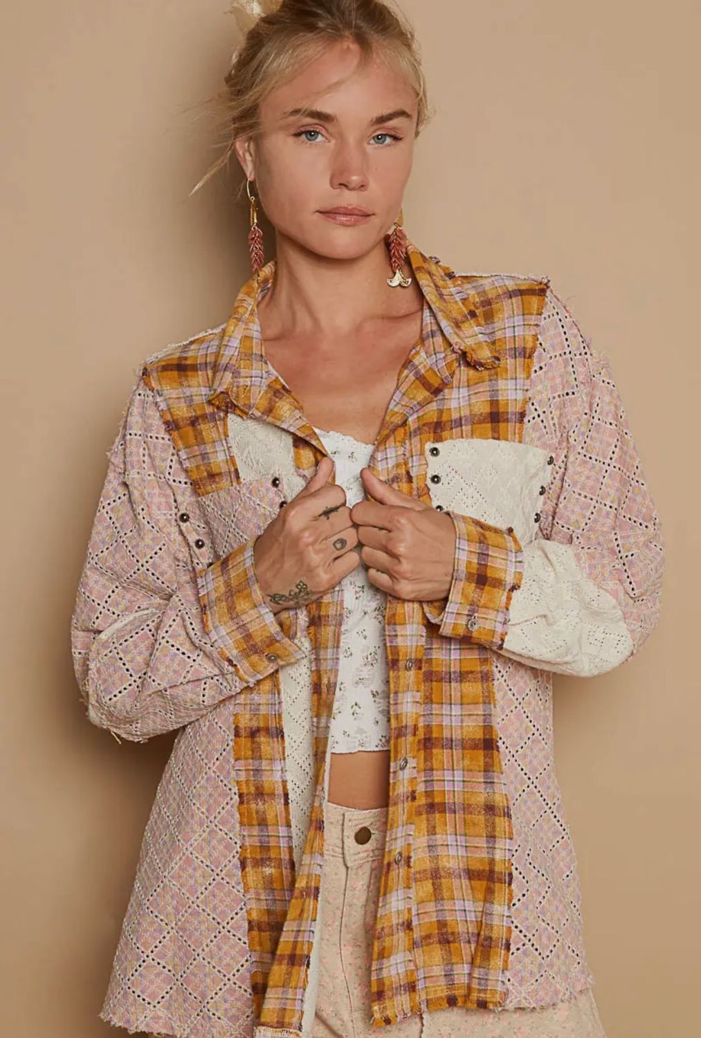 Oversized Long Sleeve Lace/Plaid Contrast Button Up Shirt, Color: Mustard Multi, Size: S