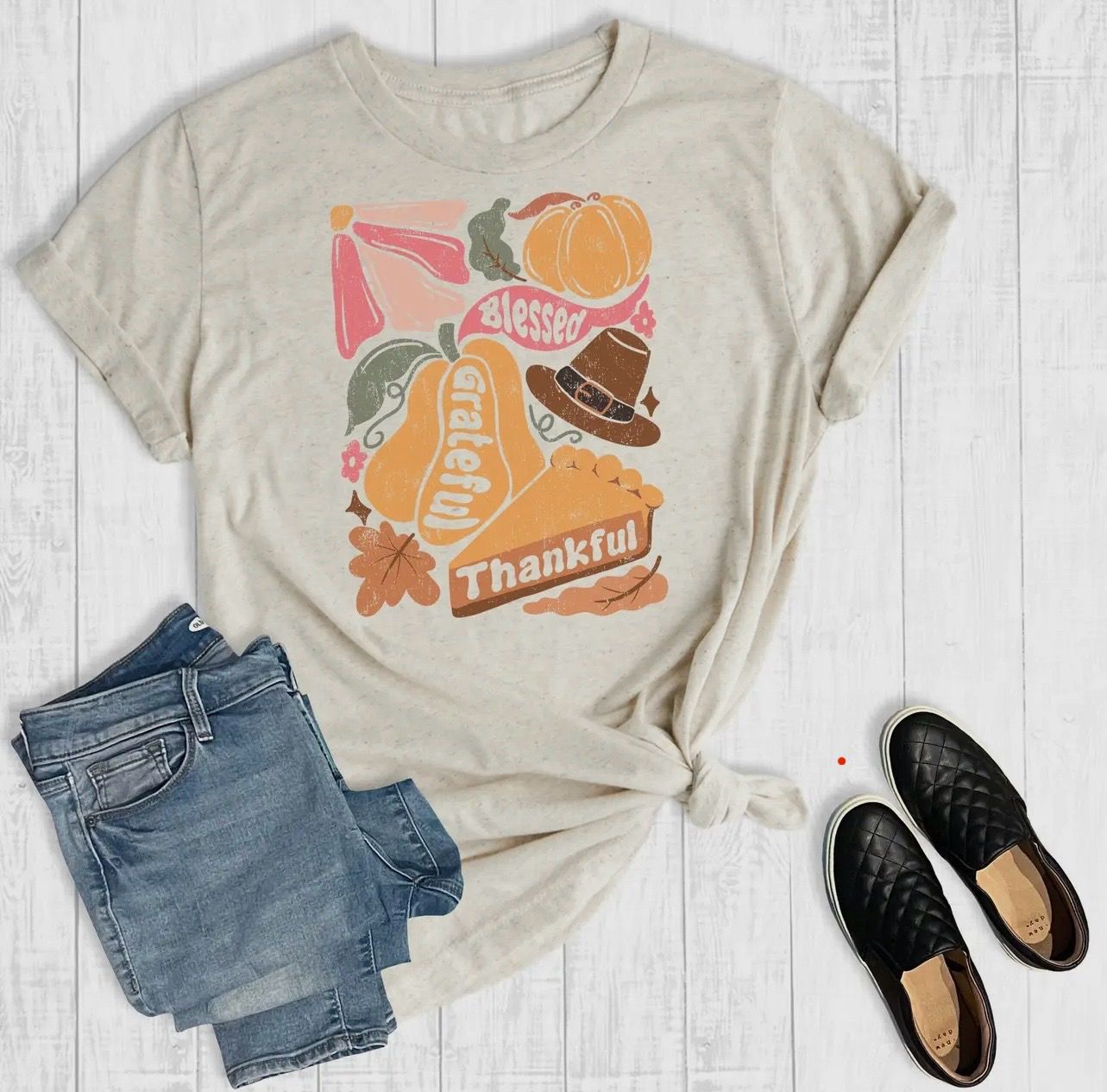 Boho Floral Thanksgiving Graphic Tee, Color: Oatmeal, Size: S