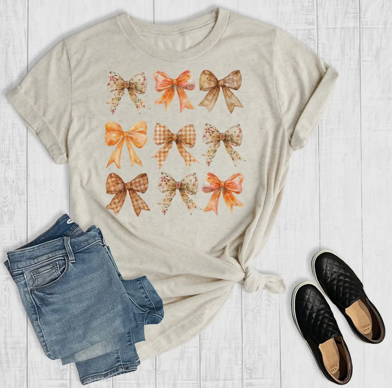 Retro Fall Coquette Pumpkin Bows Graphic Tee, Color: Oatmeal, Size: S