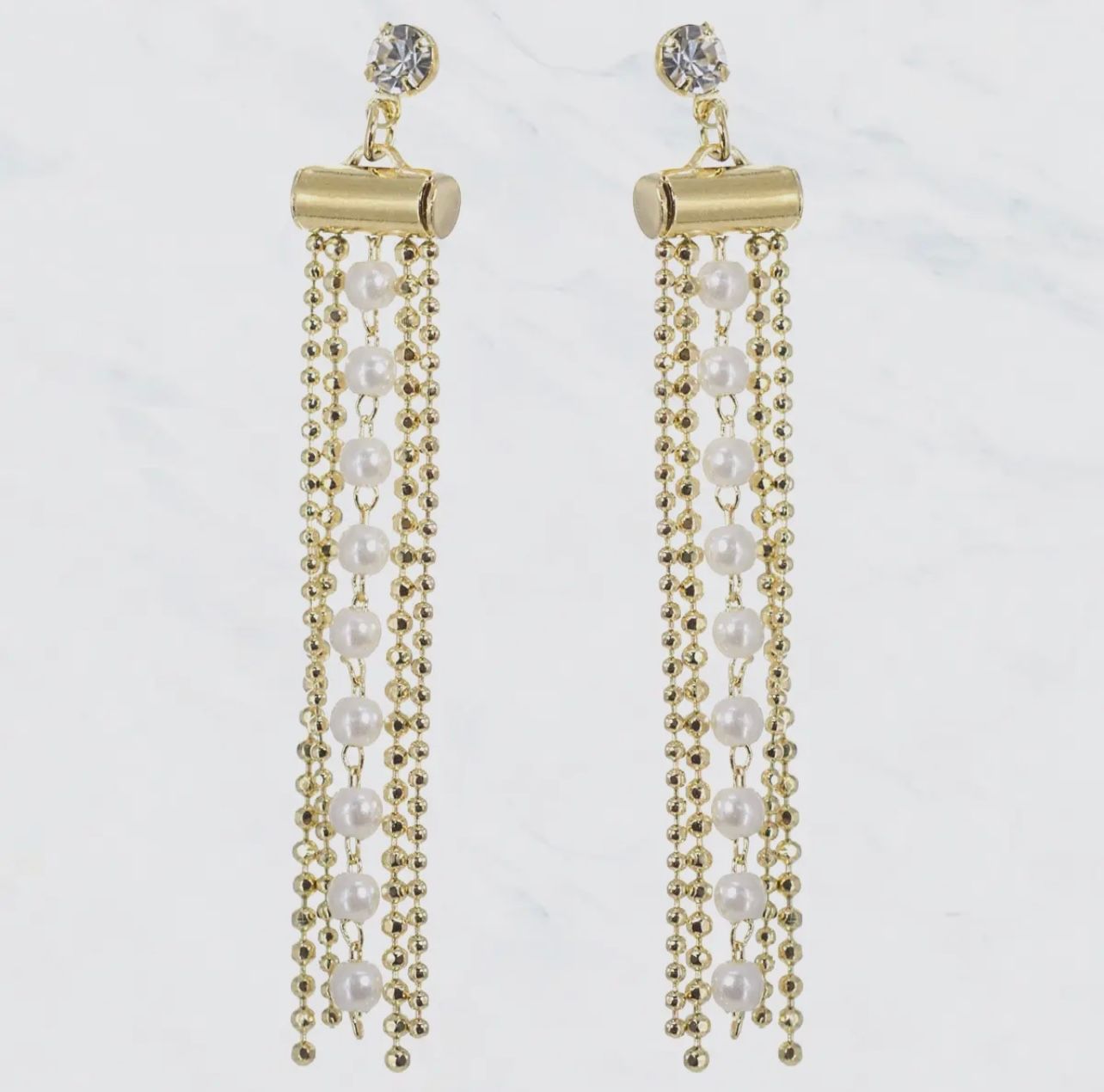 Gold Dangle Metal, Stone, and Pearl Earrings