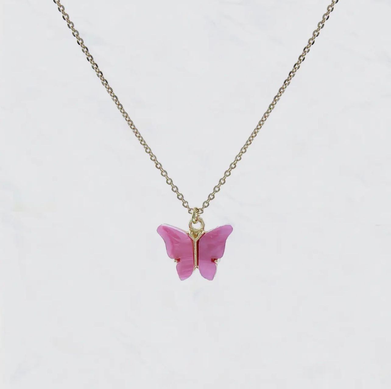 Pink Acrylic Butterfly Pendant Short Charm Necklace