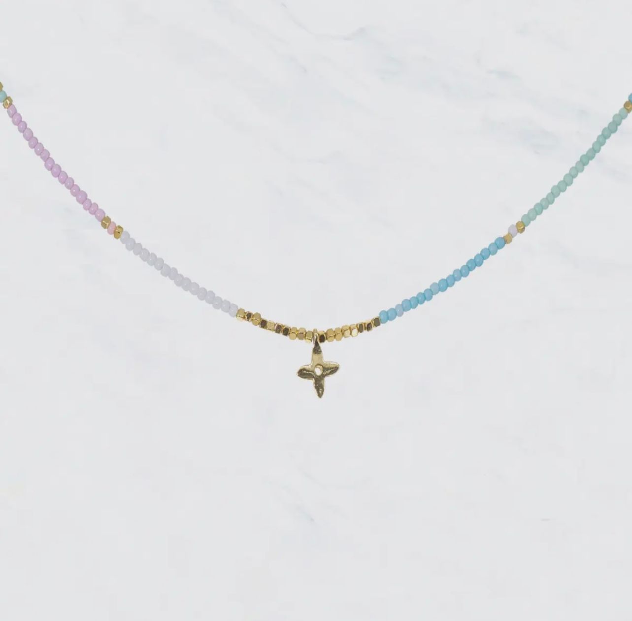 Two Tone Bead Necklace with Tiny Clover Pendant, Color: Multi, Size: OS