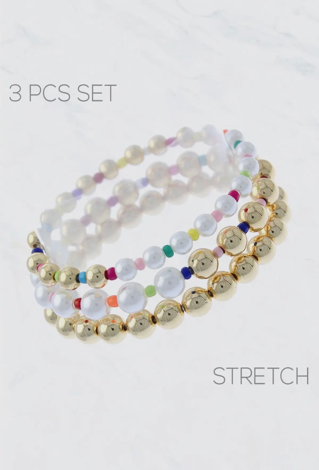 Metal Ball Multi Color Pearl Stretch Bracelet Set