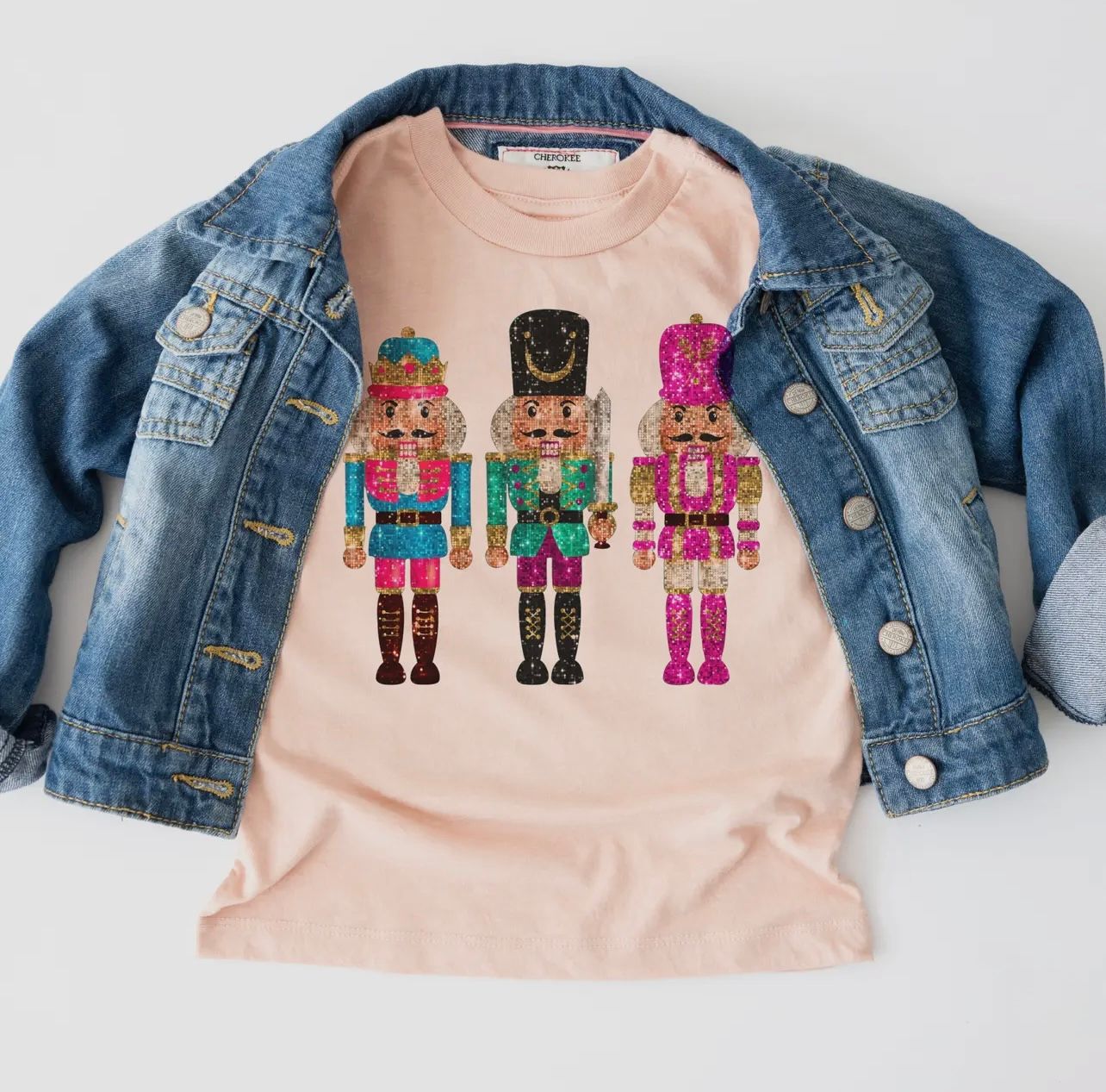 Kids Christmas Faux Glitter Nutcracker Tee, Color: Peach, Size: YS