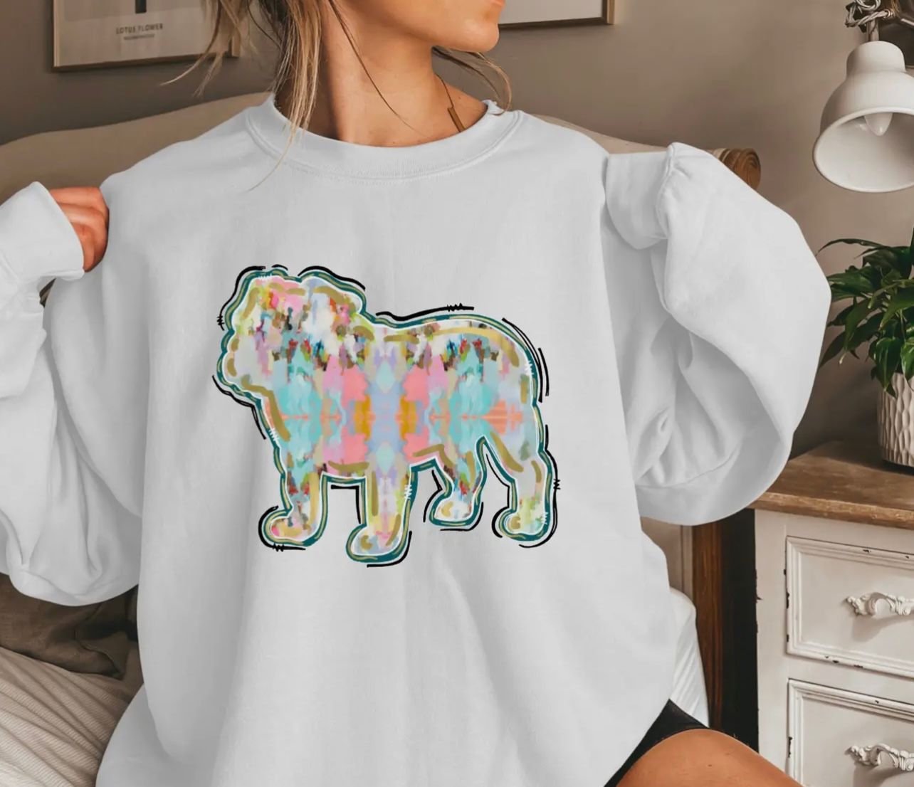 Watercolor Bulldogs Sweatshirt, Color: White, Size: S