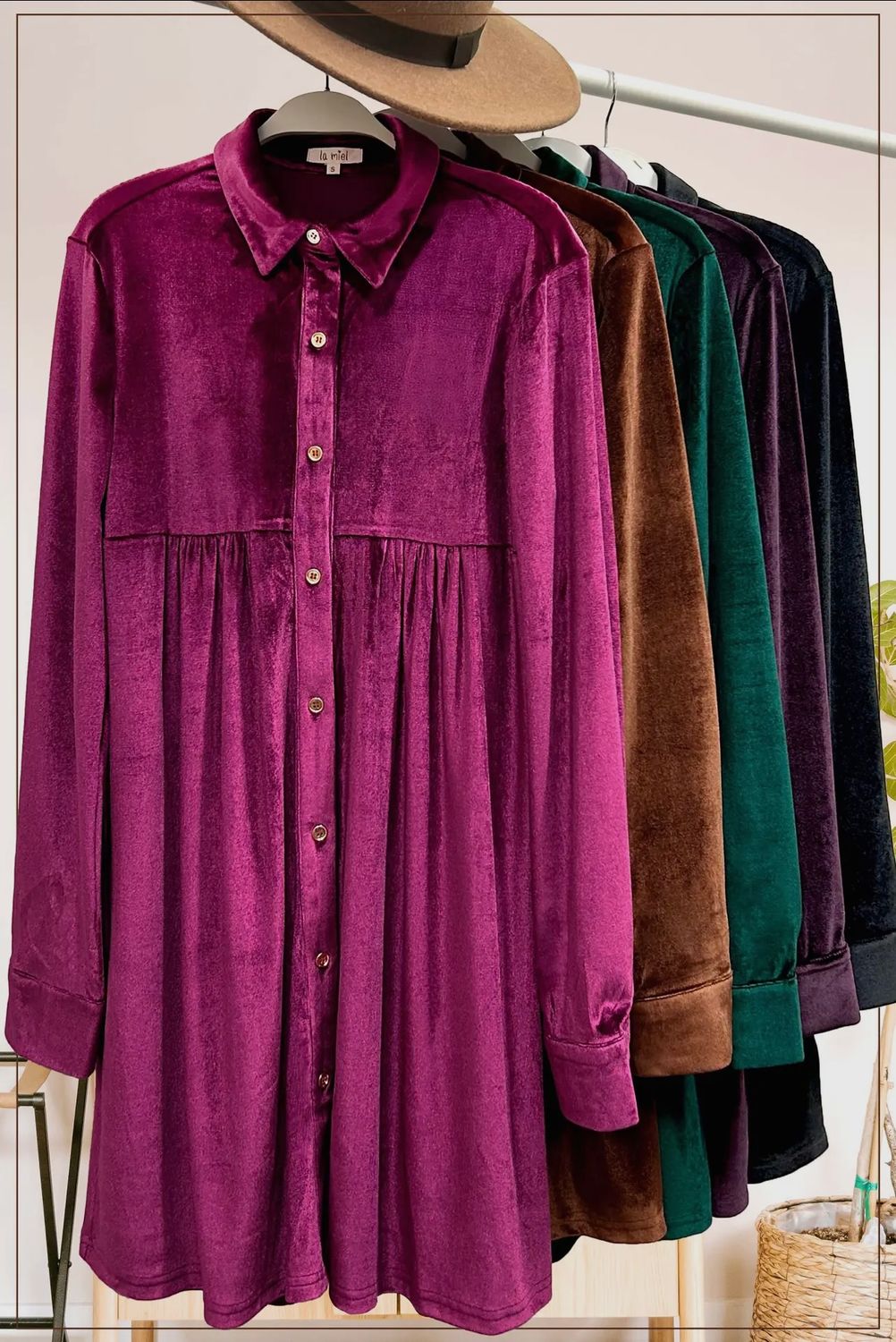 Soft Velvet Button Down Collar Holiday Dress, Color: Ruby, Size: S