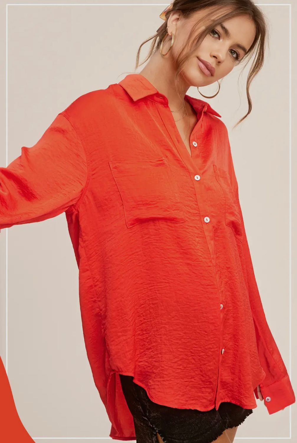Silky and Flowy Button Down Long Sleeve Shirt, Color: Tomato Red, Size: S