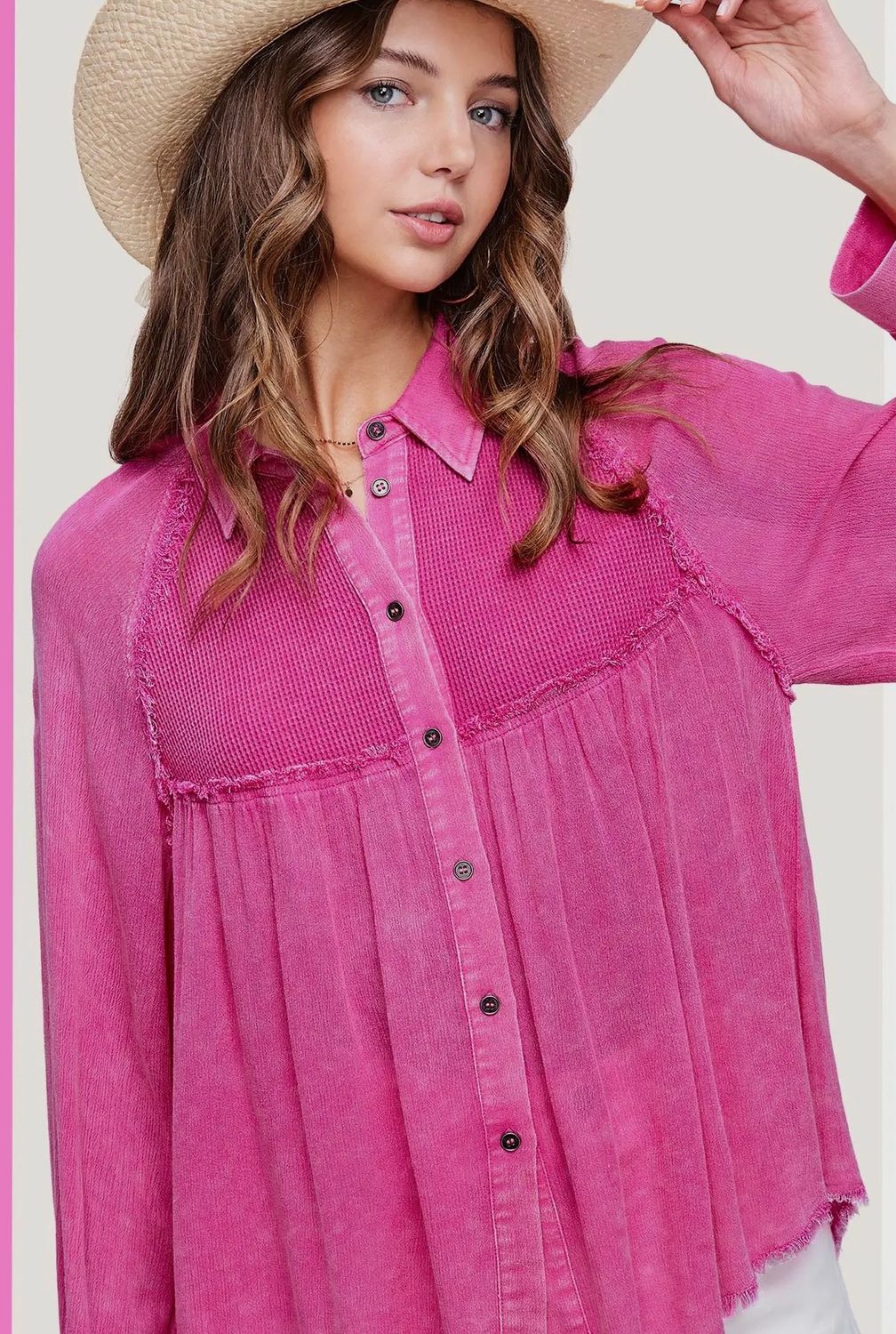 Soft Washed Button Down Waffle Textured Gauze Top, Color: Candy Pink, Size: S