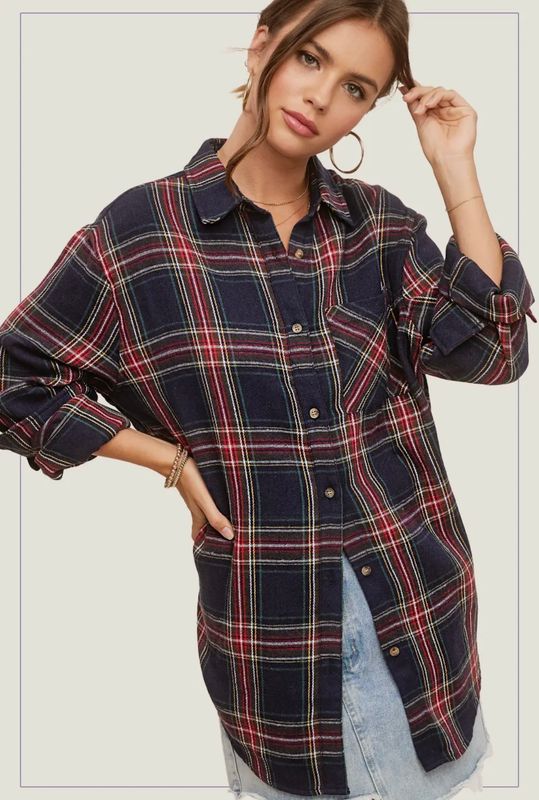 Flannel Plaid Loose Fit Button Down Shirt