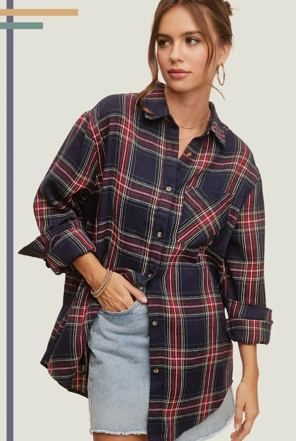 Flannel Plaid Loose Fit Button Down Shirt, Color: Midnight Blue, Size: S
