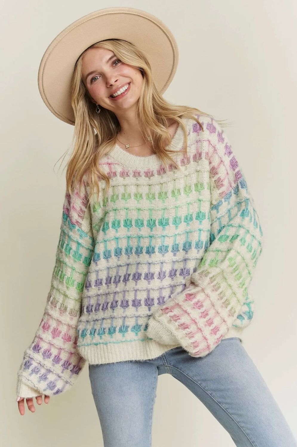 Multi Color Stitch Detail Sweater Top, Color: Beige, Size: S