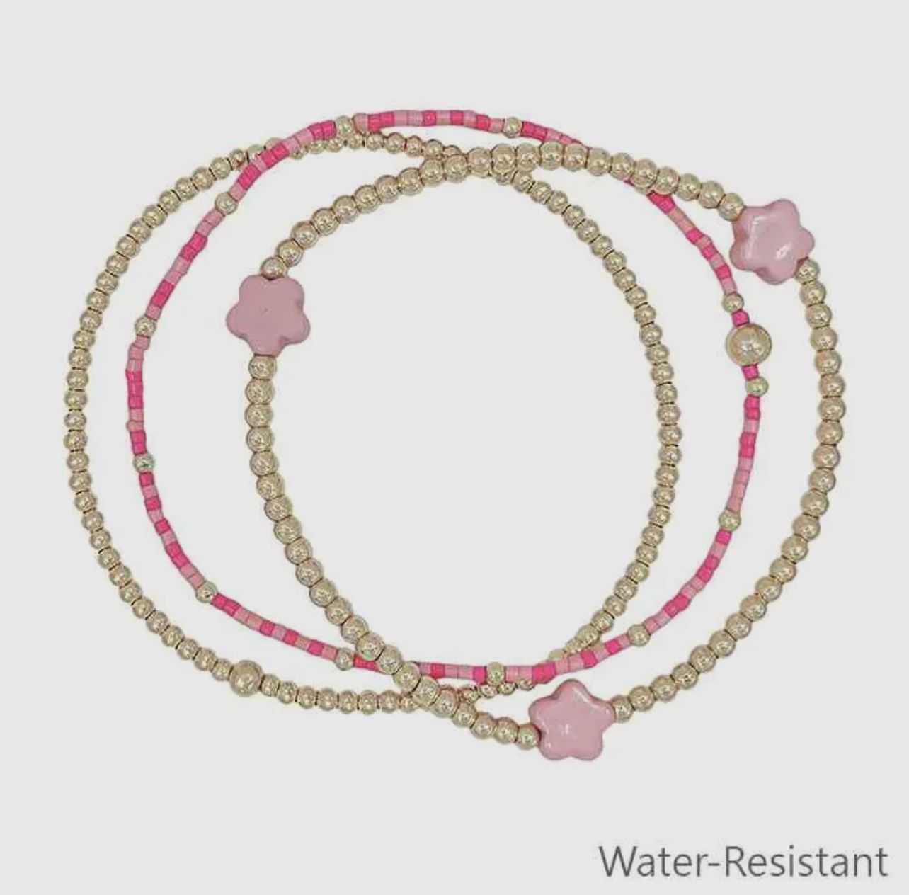 Water Resistant Gold &amp; Pink Seed Bead Flower Stretch Bracelet Set