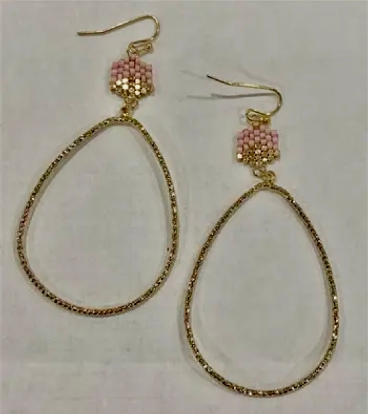 Pink &amp; Gold Beaded Hexagon Gold Teardrop Earrings