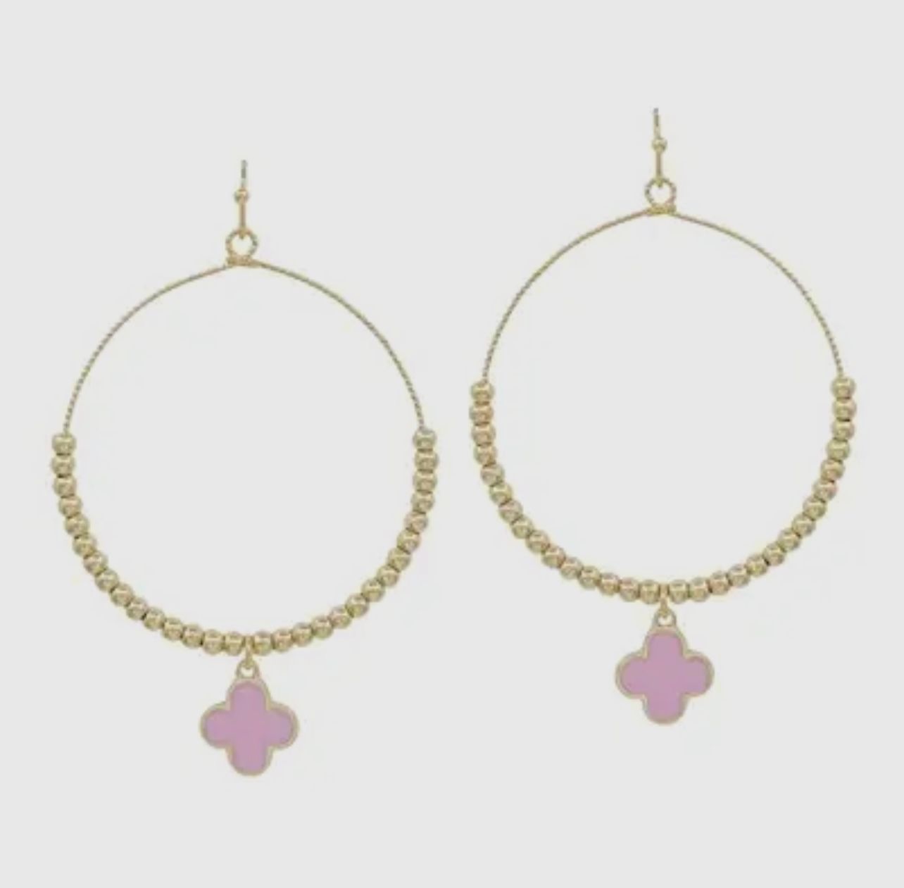 Gold Beaded Hoop Pink Epoxy Clover Earrings